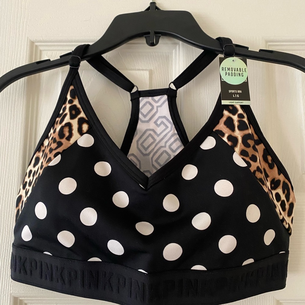 PINK Victoria's Secret Black and White Polka Dot Leopard Sports Bra